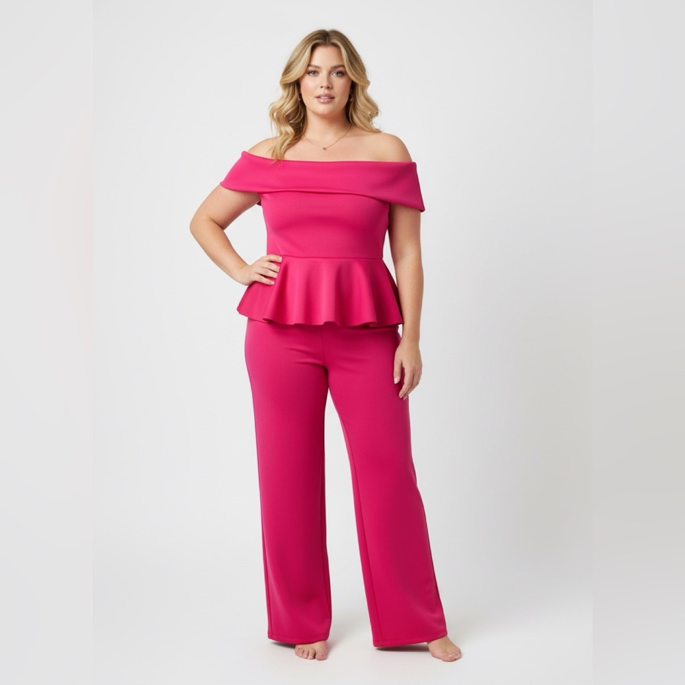 Fashion Nova Off-Shoulder Peplum Jumpsuit in Fuchsia